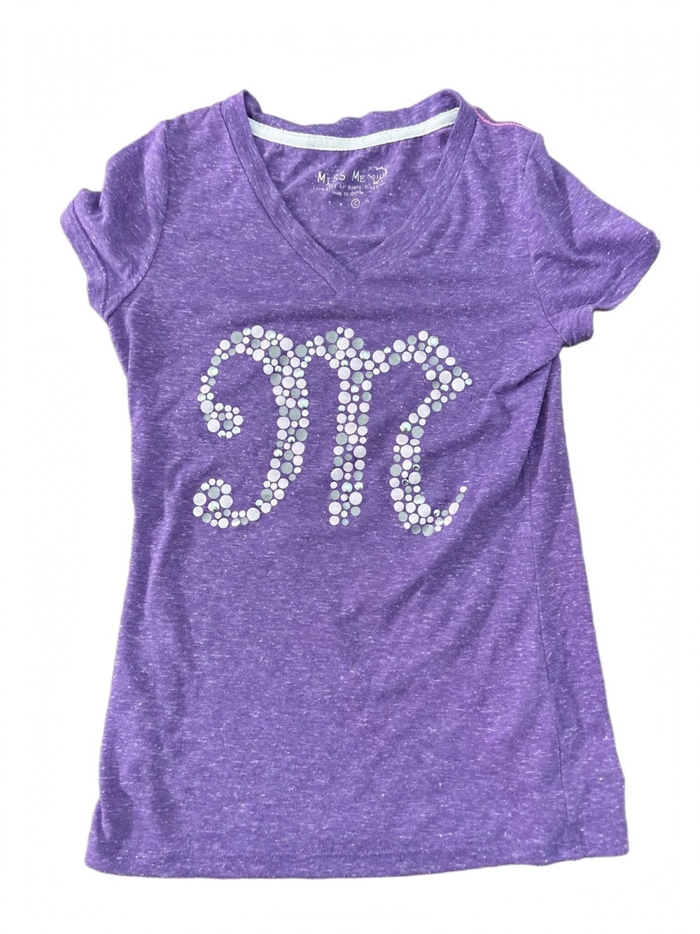 Miss Me Purple V-Neck Tee with Rhinestone Pi Design
